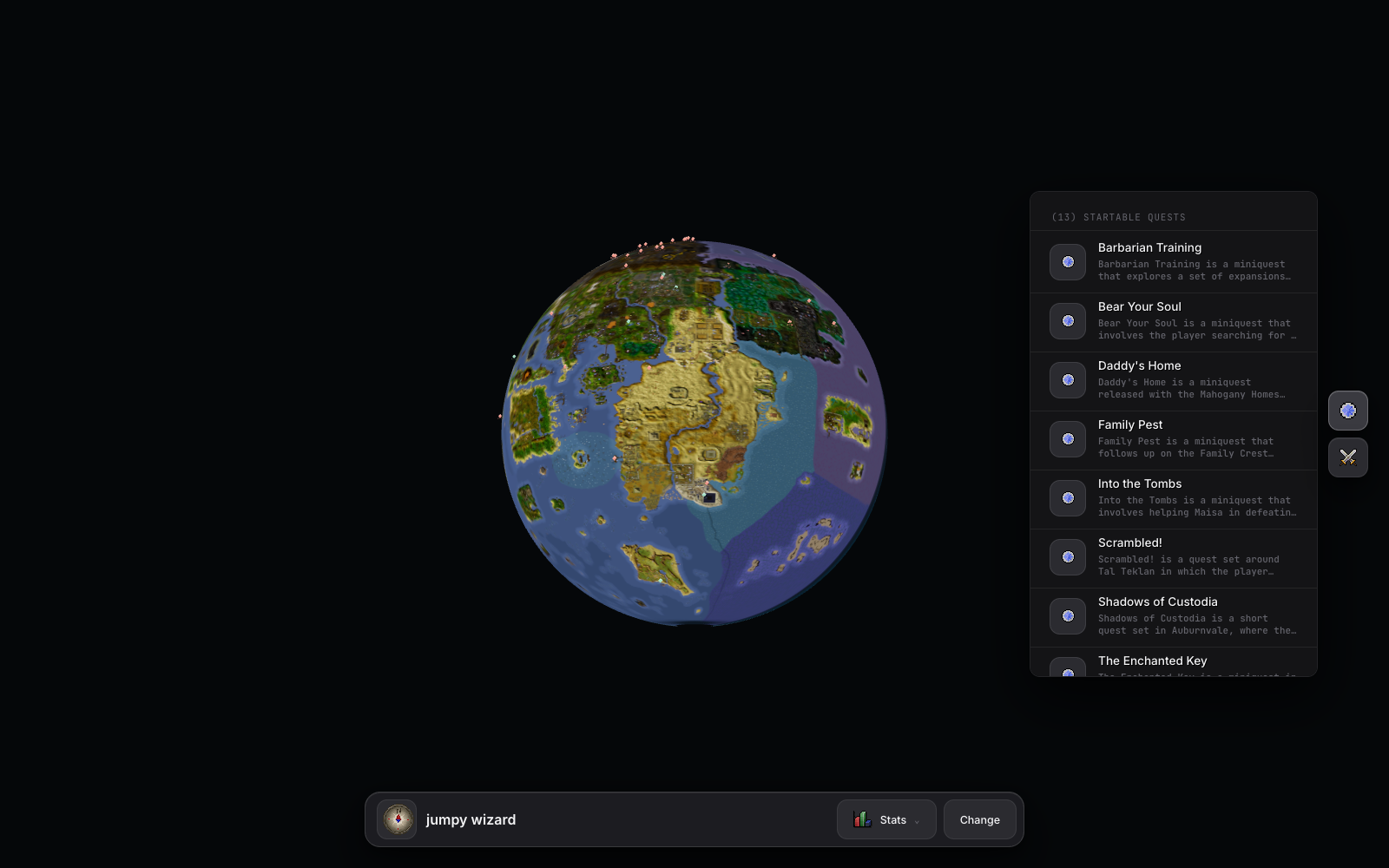 The Observatory showing a player lookup for jumpy wizard with available quest markers.